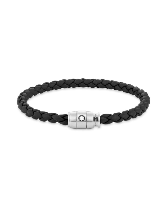 Bracelet en acier et cuir noir avec fermeture à 3 anneaux