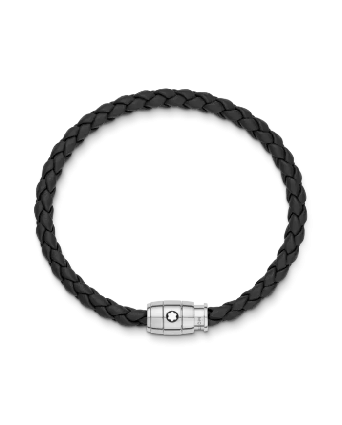 Bracelet en acier et cuir noir avec fermeture à 3 anneaux