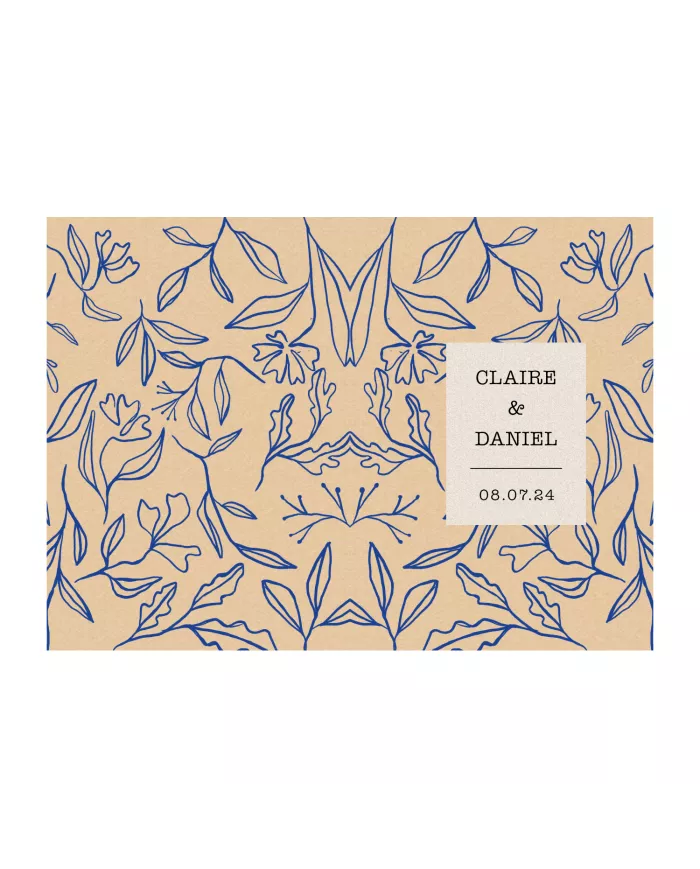 Carte double 15x10.5cm Mariage "Feuilles bleues"