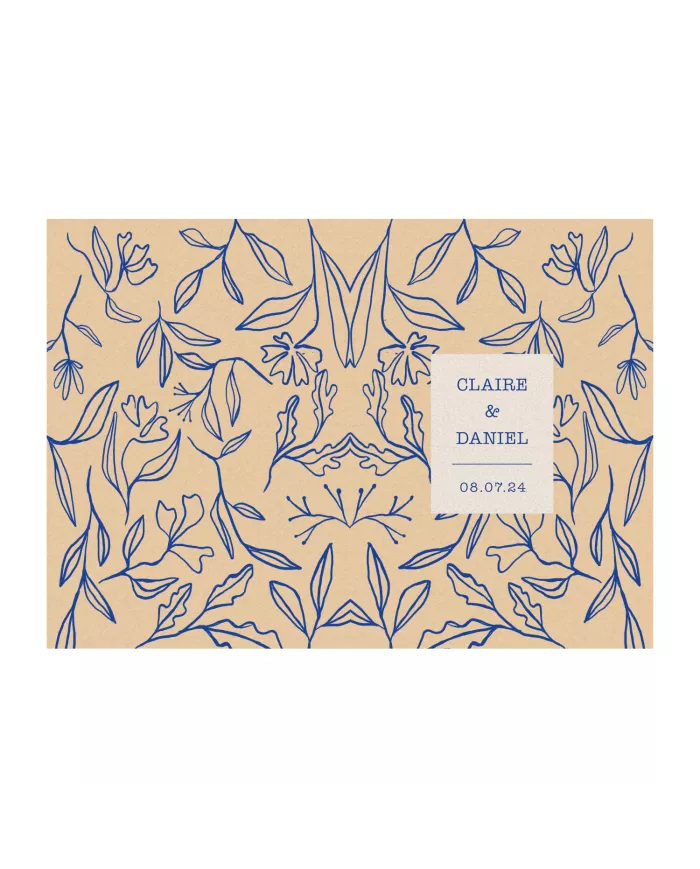 Carte double 12x17cm Mariage "Feuilles bleues"