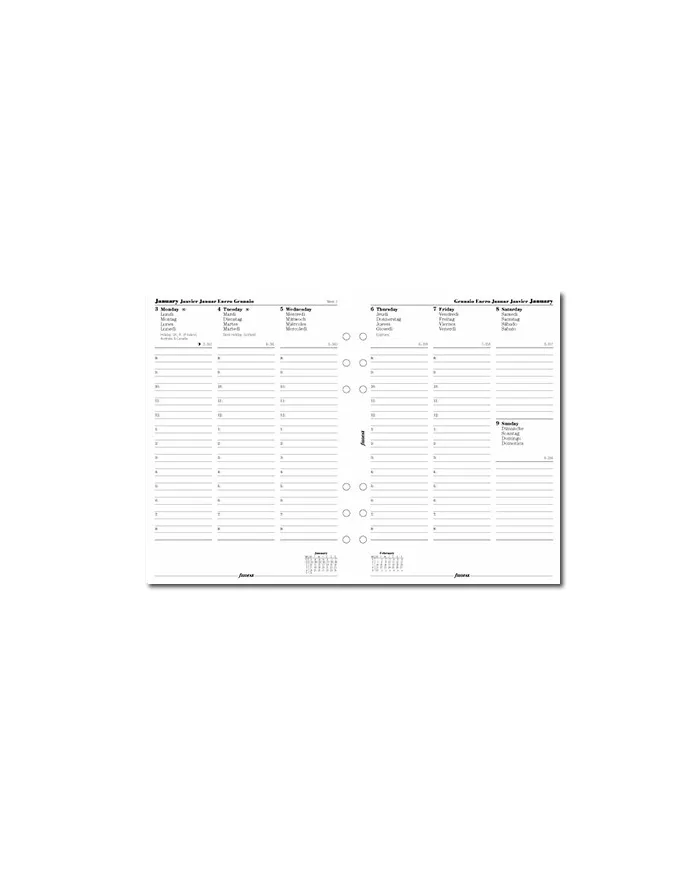 Filofax - Recharge A5 semaine sur 2 pages + heures colonnes multi-langues 2025