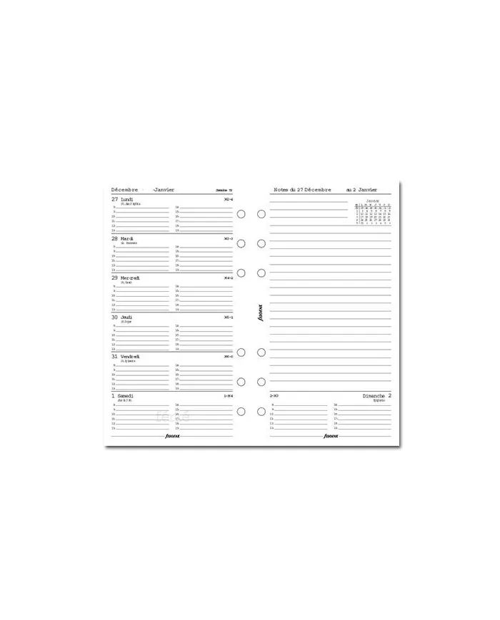 Filofax - Recharge PERSONAL semaine sur 1 page + notes + heures en français 2025