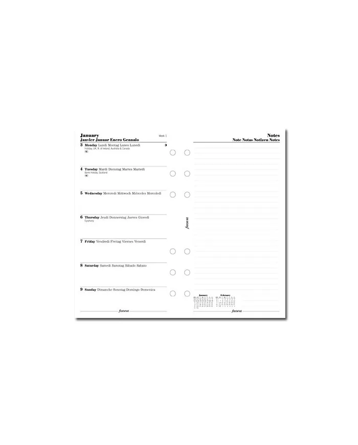 Filofax - Recharge PERSONAL semaine sur 1 page + notes multi-langues 2025